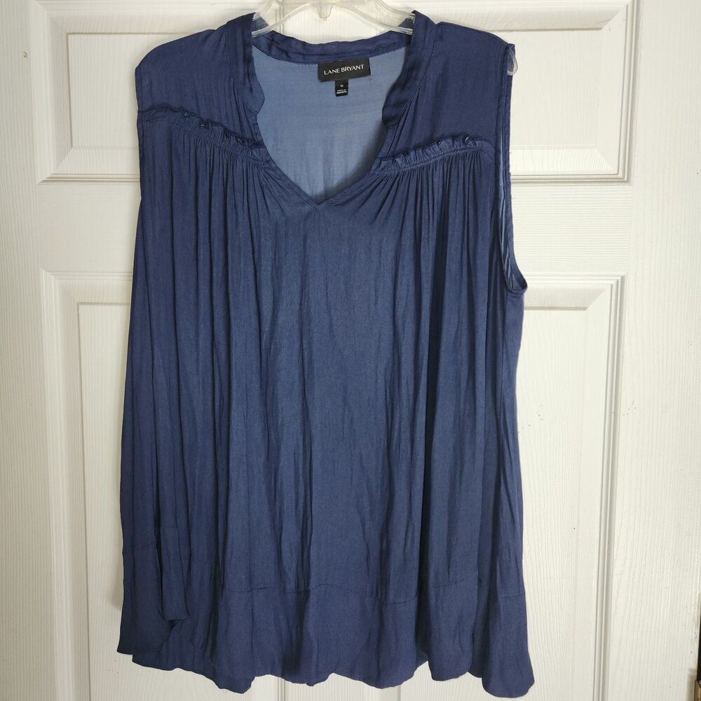 Lane Bryant Sleeveless Pleated V-neck Tunic Top Womens 16 Navy Blue Plus Flowy